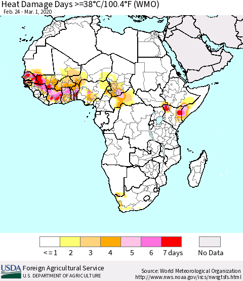 Africa Heat Damage Days >=38°C/100°F (WMO) Thematic Map For 2/24/2020 - 3/1/2020