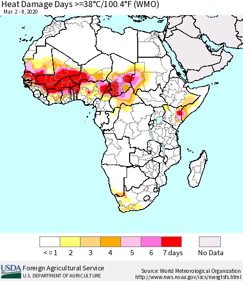 Africa Heat Damage Days >=38°C/100°F (WMO) Thematic Map For 3/2/2020 - 3/8/2020