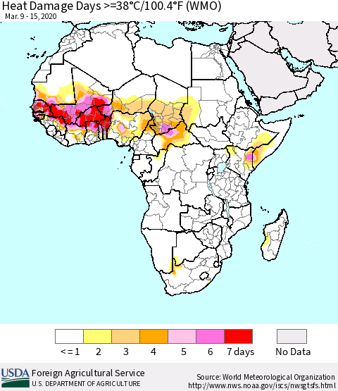 Africa Heat Damage Days >=38°C/100°F (WMO) Thematic Map For 3/9/2020 - 3/15/2020