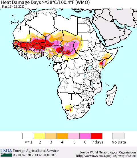 Africa Heat Damage Days >=38°C/100°F (WMO) Thematic Map For 3/16/2020 - 3/22/2020