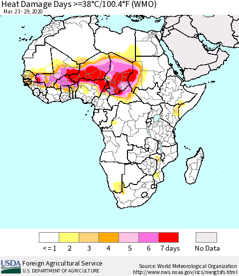 Africa Heat Damage Days >=38°C/100°F (WMO) Thematic Map For 3/23/2020 - 3/29/2020