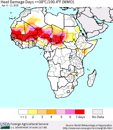 Africa Heat Damage Days >=38°C/100°F (WMO) Thematic Map For 4/6/2020 - 4/12/2020
