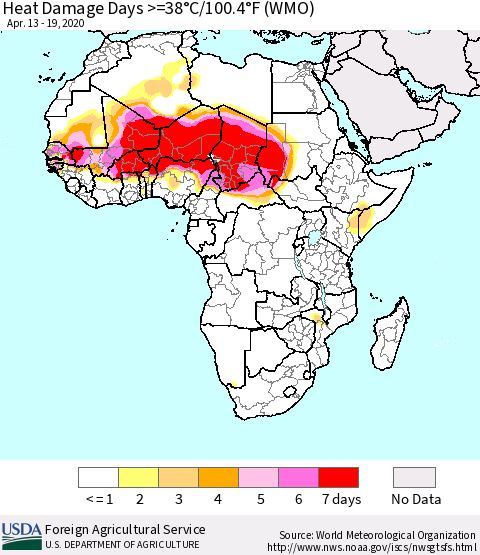 Africa Heat Damage Days >=38°C/100°F (WMO) Thematic Map For 4/13/2020 - 4/19/2020