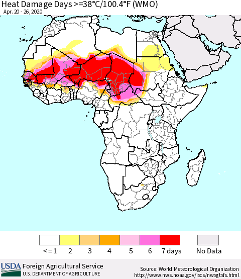 Africa Heat Damage Days >=38°C/100°F (WMO) Thematic Map For 4/20/2020 - 4/26/2020