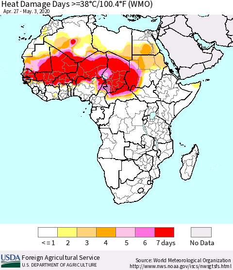 Africa Heat Damage Days >=38°C/100°F (WMO) Thematic Map For 4/27/2020 - 5/3/2020