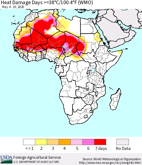 Africa Heat Damage Days >=38°C/100°F (WMO) Thematic Map For 5/4/2020 - 5/10/2020