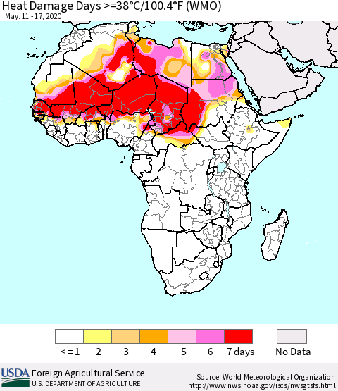 Africa Heat Damage Days >=38°C/100°F (WMO) Thematic Map For 5/11/2020 - 5/17/2020