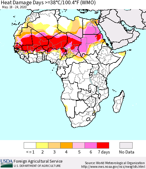 Africa Heat Damage Days >=38°C/100°F (WMO) Thematic Map For 5/18/2020 - 5/24/2020