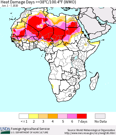 Africa Heat Damage Days >=38°C/100°F (WMO) Thematic Map For 6/1/2020 - 6/7/2020