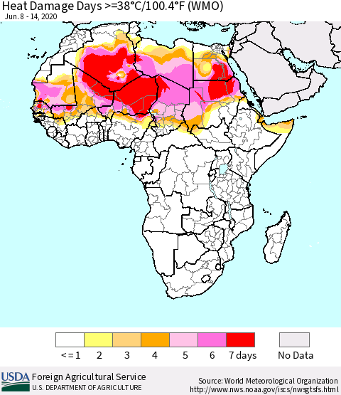 Africa Heat Damage Days >=38°C/100°F (WMO) Thematic Map For 6/8/2020 - 6/14/2020