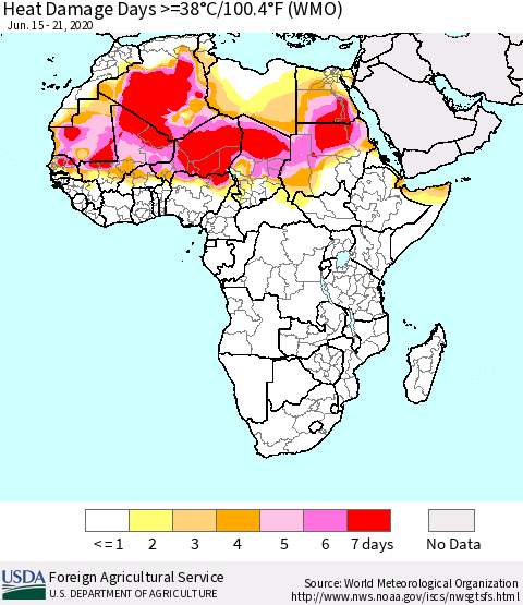 Africa Heat Damage Days >=38°C/100°F (WMO) Thematic Map For 6/15/2020 - 6/21/2020