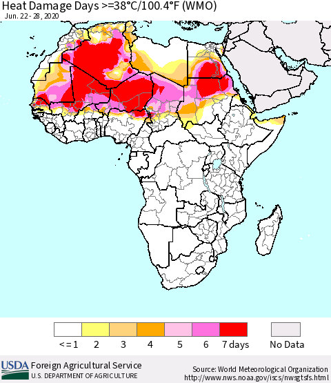 Africa Heat Damage Days >=38°C/100°F (WMO) Thematic Map For 6/22/2020 - 6/28/2020