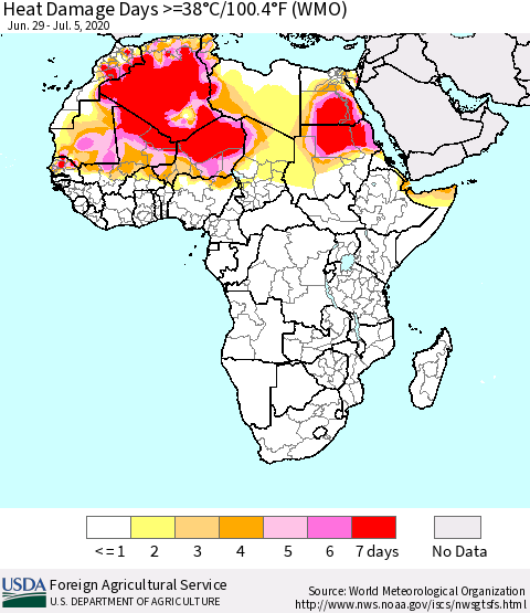 Africa Heat Damage Days >=38°C/100°F (WMO) Thematic Map For 6/29/2020 - 7/5/2020