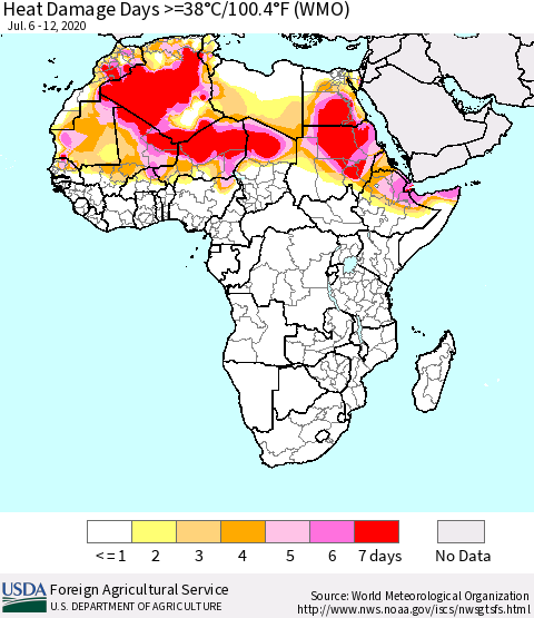 Africa Heat Damage Days >=38°C/100°F (WMO) Thematic Map For 7/6/2020 - 7/12/2020