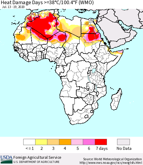 Africa Heat Damage Days >=38°C/100°F (WMO) Thematic Map For 7/13/2020 - 7/19/2020
