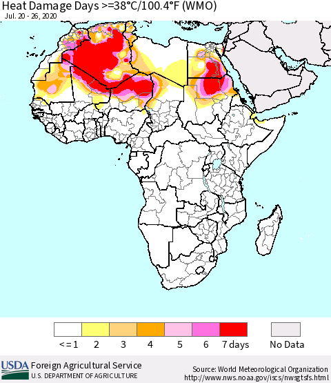 Africa Heat Damage Days >=38°C/100°F (WMO) Thematic Map For 7/20/2020 - 7/26/2020