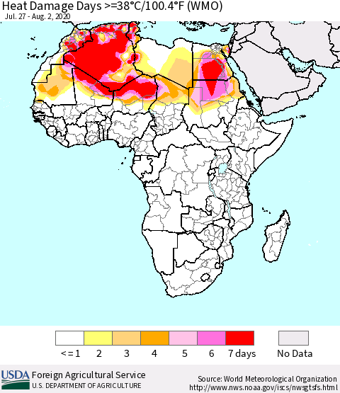 Africa Heat Damage Days >=38°C/100°F (WMO) Thematic Map For 7/27/2020 - 8/2/2020