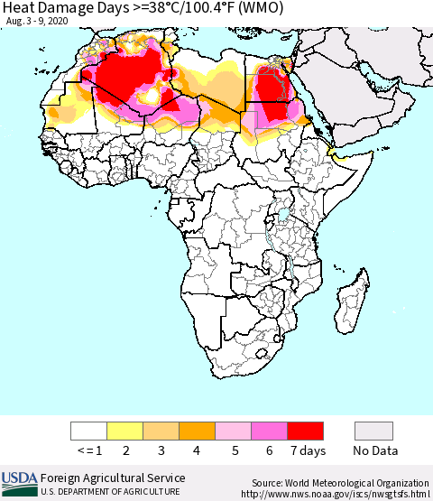 Africa Heat Damage Days >=38°C/100°F (WMO) Thematic Map For 8/3/2020 - 8/9/2020