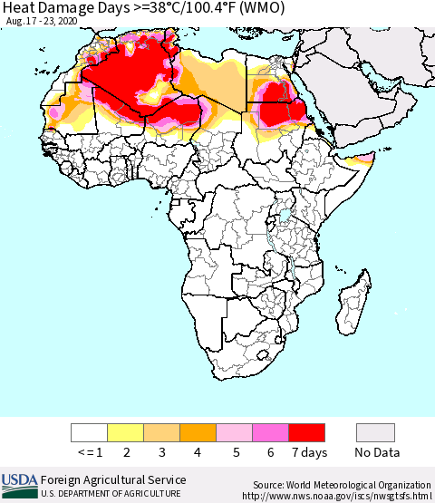 Africa Heat Damage Days >=38°C/100°F (WMO) Thematic Map For 8/17/2020 - 8/23/2020