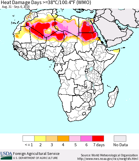 Africa Heat Damage Days >=38°C/100°F (WMO) Thematic Map For 8/31/2020 - 9/6/2020