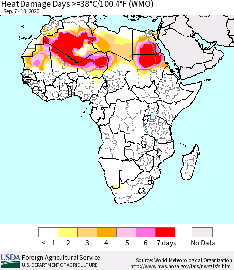 Africa Heat Damage Days >=38°C/100°F (WMO) Thematic Map For 9/7/2020 - 9/13/2020