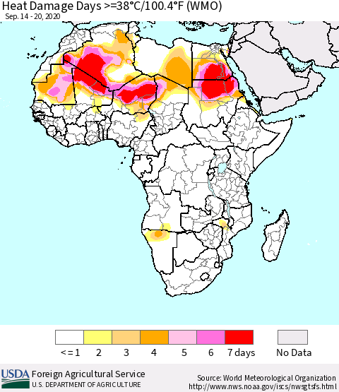 Africa Heat Damage Days >=38°C/100°F (WMO) Thematic Map For 9/14/2020 - 9/20/2020