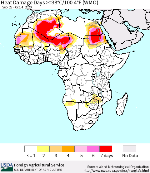 Africa Heat Damage Days >=38°C/100°F (WMO) Thematic Map For 9/28/2020 - 10/4/2020
