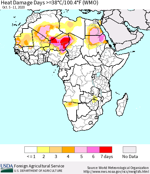 Africa Heat Damage Days >=38°C/100°F (WMO) Thematic Map For 10/5/2020 - 10/11/2020