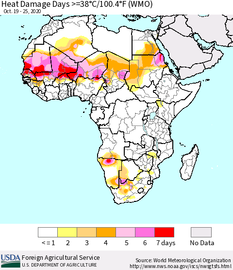 Africa Heat Damage Days >=38°C/100°F (WMO) Thematic Map For 10/19/2020 - 10/25/2020