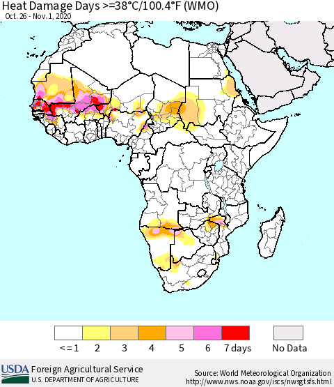 Africa Heat Damage Days >=38°C/100°F (WMO) Thematic Map For 10/26/2020 - 11/1/2020
