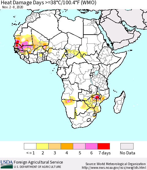 Africa Heat Damage Days >=38°C/100°F (WMO) Thematic Map For 11/2/2020 - 11/8/2020