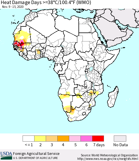 Africa Heat Damage Days >=38°C/100°F (WMO) Thematic Map For 11/9/2020 - 11/15/2020