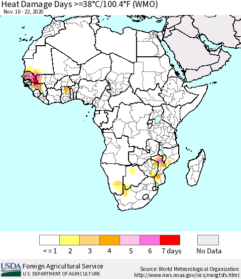 Africa Heat Damage Days >=38°C/100°F (WMO) Thematic Map For 11/16/2020 - 11/22/2020