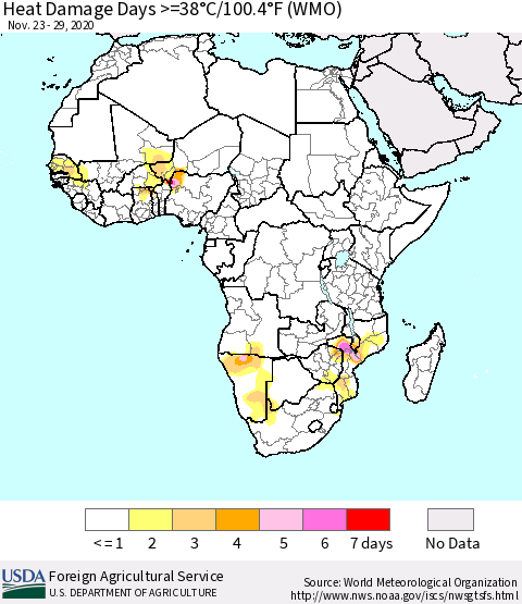 Africa Heat Damage Days >=38°C/100°F (WMO) Thematic Map For 11/23/2020 - 11/29/2020