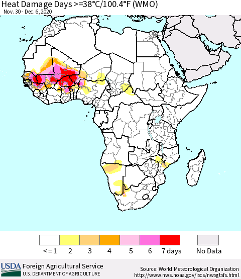 Africa Heat Damage Days >=38°C/100°F (WMO) Thematic Map For 11/30/2020 - 12/6/2020