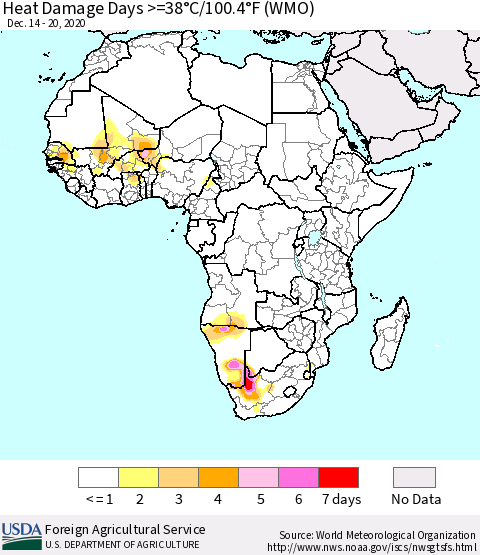 Africa Heat Damage Days >=38°C/100°F (WMO) Thematic Map For 12/14/2020 - 12/20/2020