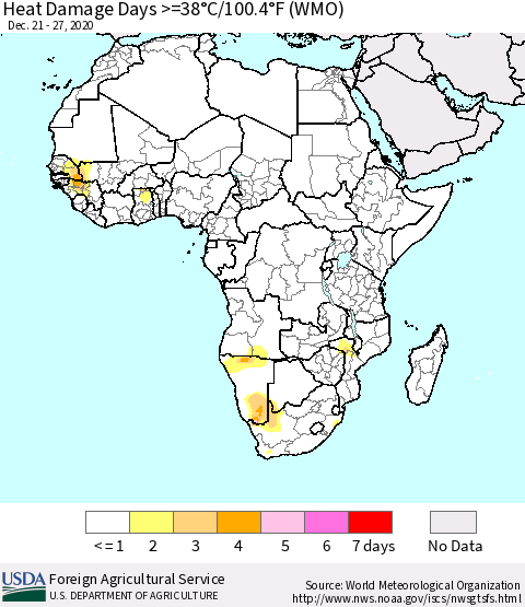 Africa Heat Damage Days >=38°C/100°F (WMO) Thematic Map For 12/21/2020 - 12/27/2020