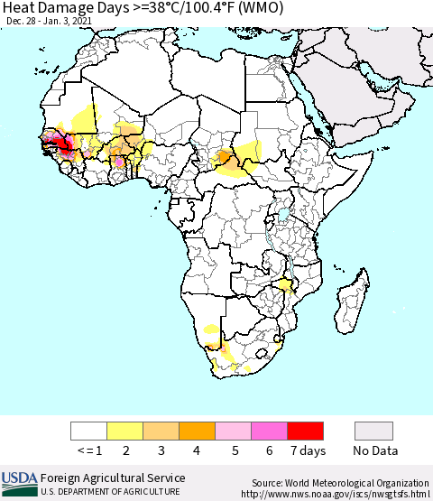 Africa Heat Damage Days >=38°C/100°F (WMO) Thematic Map For 12/28/2020 - 1/3/2021