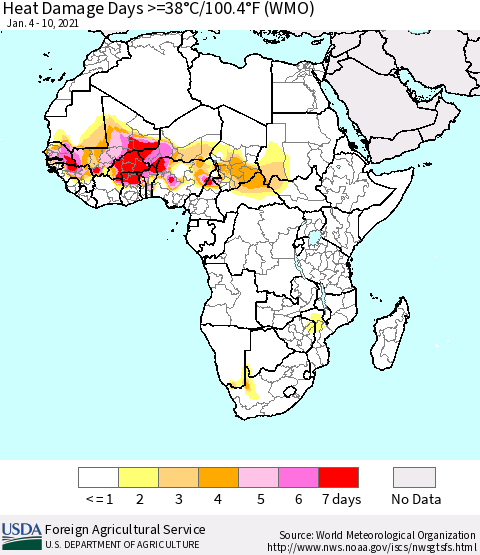 Africa Heat Damage Days >=38°C/100°F (WMO) Thematic Map For 1/4/2021 - 1/10/2021