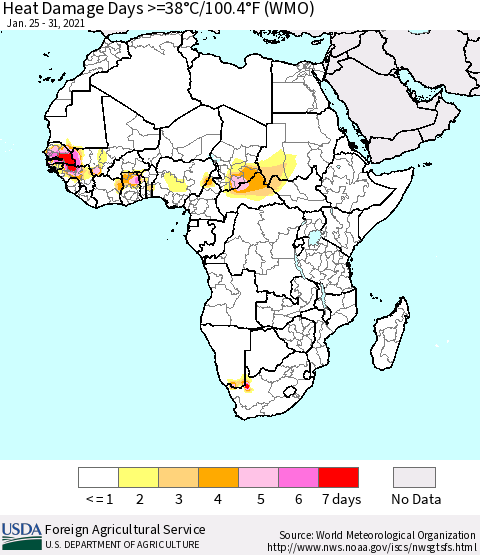 Africa Heat Damage Days >=38°C/100°F (WMO) Thematic Map For 1/25/2021 - 1/31/2021
