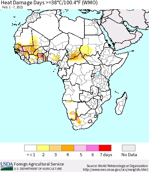 Africa Heat Damage Days >=38°C/100°F (WMO) Thematic Map For 2/1/2021 - 2/7/2021