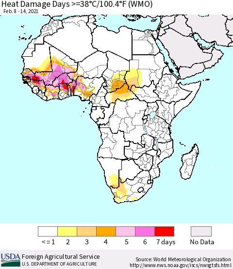 Africa Heat Damage Days >=38°C/100°F (WMO) Thematic Map For 2/8/2021 - 2/14/2021