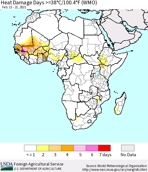 Africa Heat Damage Days >=38°C/100°F (WMO) Thematic Map For 2/15/2021 - 2/21/2021