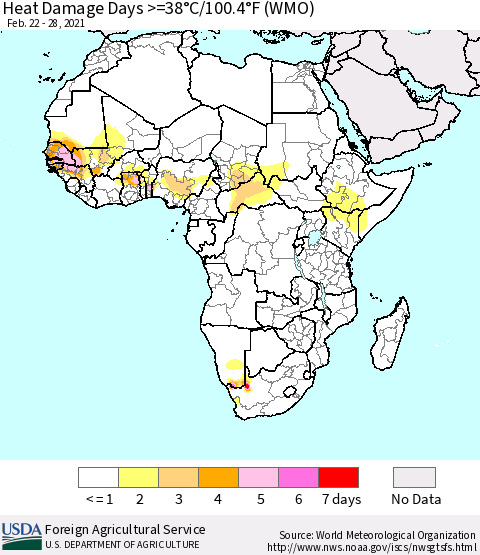 Africa Heat Damage Days >=38°C/100°F (WMO) Thematic Map For 2/22/2021 - 2/28/2021