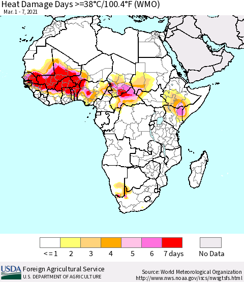 Africa Heat Damage Days >=38°C/100°F (WMO) Thematic Map For 3/1/2021 - 3/7/2021