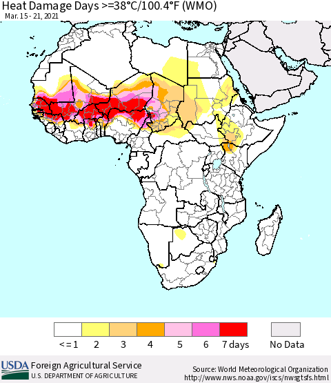 Africa Heat Damage Days >=38°C/100°F (WMO) Thematic Map For 3/15/2021 - 3/21/2021
