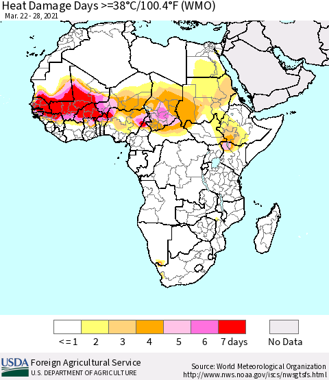 Africa Heat Damage Days >=38°C/100°F (WMO) Thematic Map For 3/22/2021 - 3/28/2021