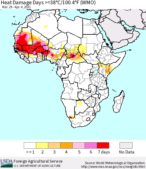 Africa Heat Damage Days >=38°C/100°F (WMO) Thematic Map For 3/29/2021 - 4/4/2021