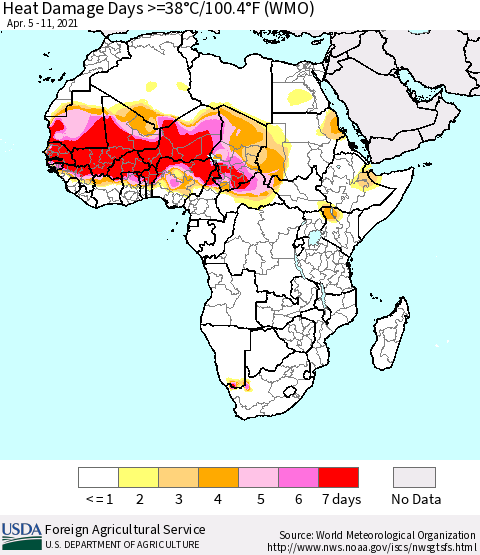 Africa Heat Damage Days >=38°C/100°F (WMO) Thematic Map For 4/5/2021 - 4/11/2021