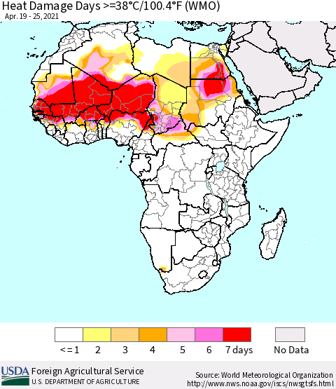 Africa Heat Damage Days >=38°C/100°F (WMO) Thematic Map For 4/19/2021 - 4/25/2021